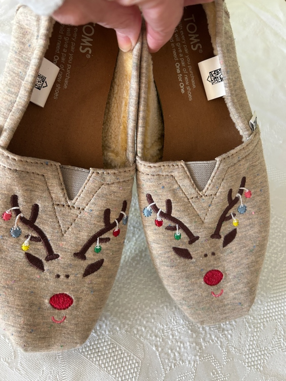 TOMS Women's Beige Reindeer Embroidered Slip-Ons